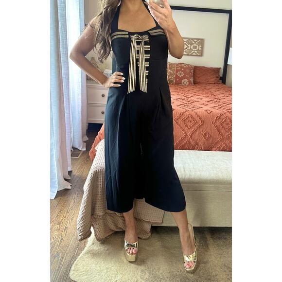 Vintage Cache Size 8 Navy Sailor Jumpsuit Cropped Lace Up - Picture 5 of 7